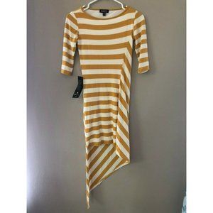bebe Yellow Striped 3/4 Sleeve Asymmetric Dress